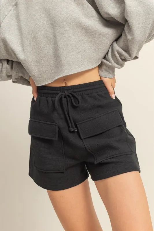 HYFVE Drawstring Waffle Knit Front Pocket Shorts Black