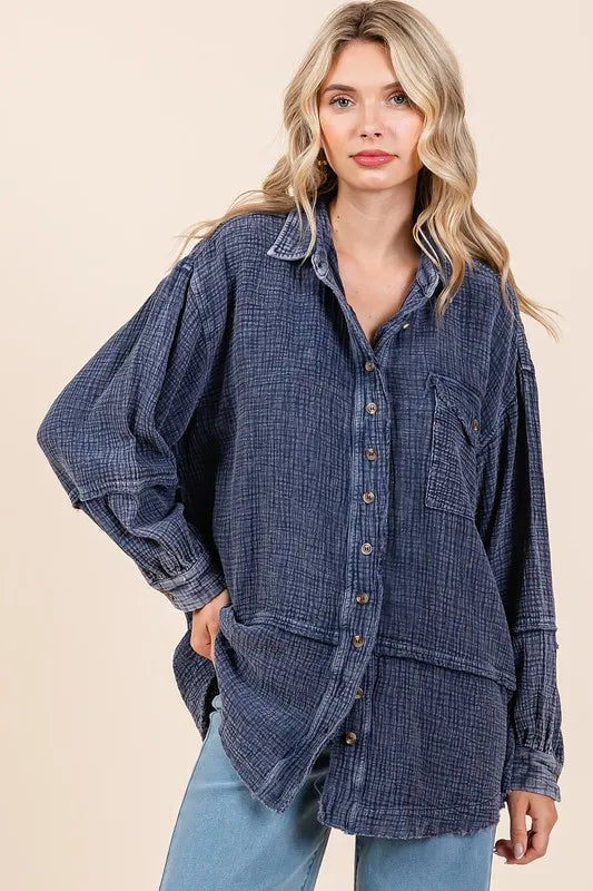 Mittoshop Textured Collared Neck Long Sleeve Shirt Dark Navy