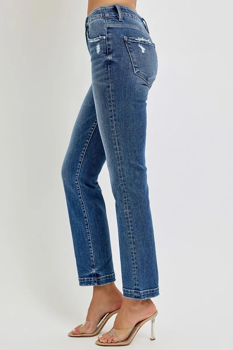 RISEN Full Size Tummy Control Elastic Band Mid Rise Straight Jeans Plus Size