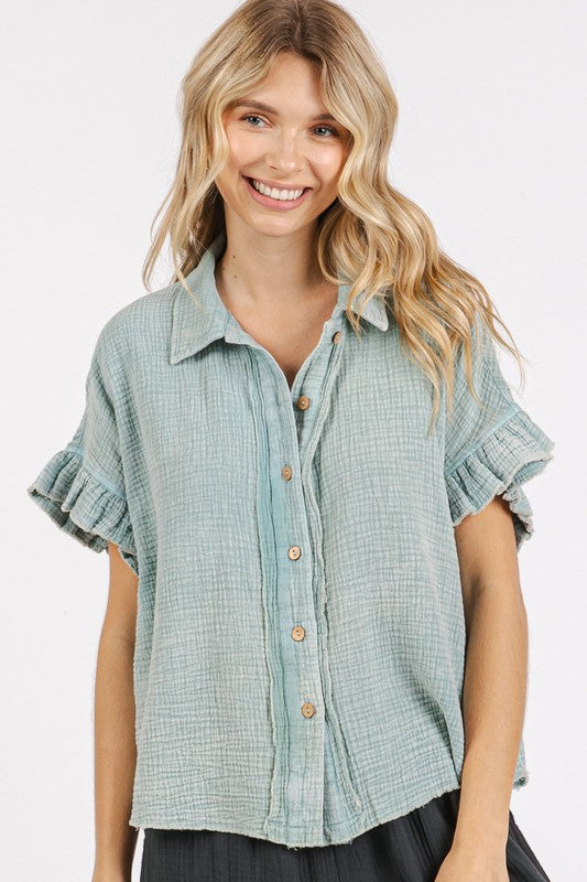 Mittoshop Mineral Washed Button Down Flounce Sleeve Shirt Faded Blue
