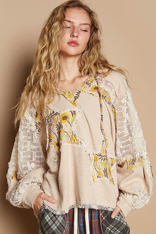 POL Star Patch Lace Long Sleeve Hooded Top Beige Multi