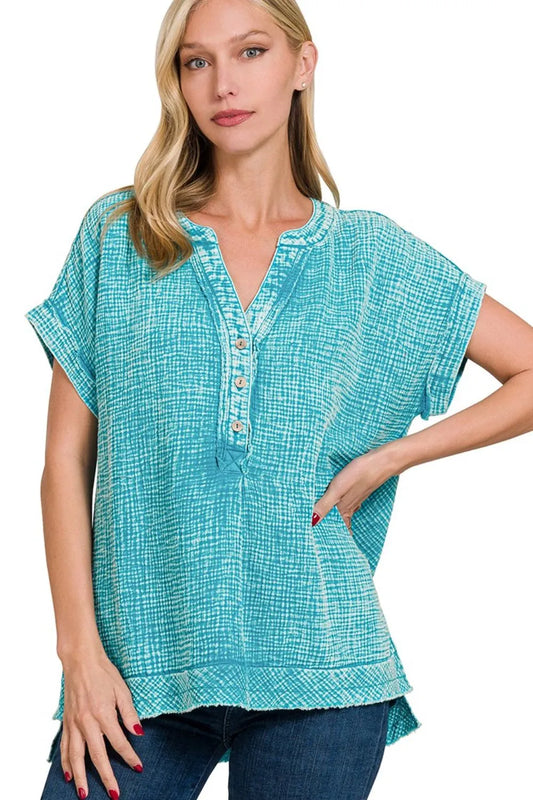 Zenana Washed Double Gauze 3/4 Button Henley Neck Shirt LT TEAL