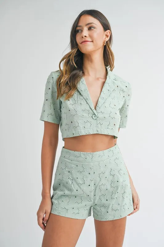 MABLE Eyelet Short Sleeve Crop Top and Shorts Set Mint
