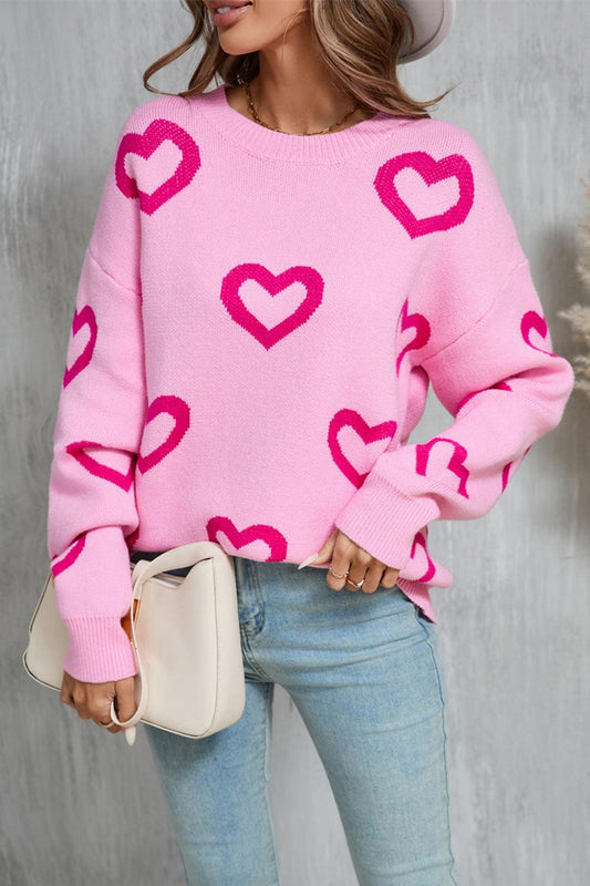 Angel Wings Heart Round Neck Dropped Shoulder Long Sleeve Sweater Fuchsia Pink
