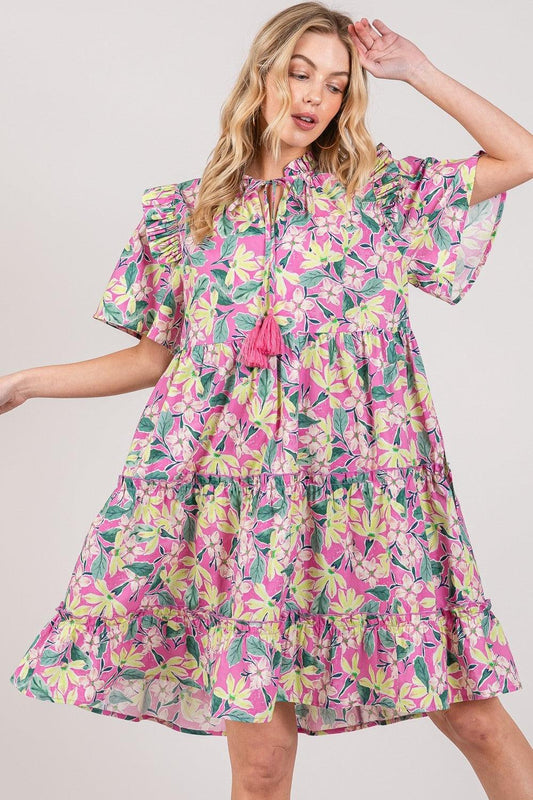 SAGE + FIG Floral Ruffle Short Sleeve Dress Pink