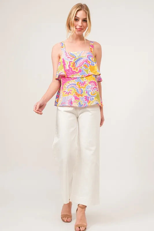And The Why Square Neck Tiered Paisley Printed Top MULTI