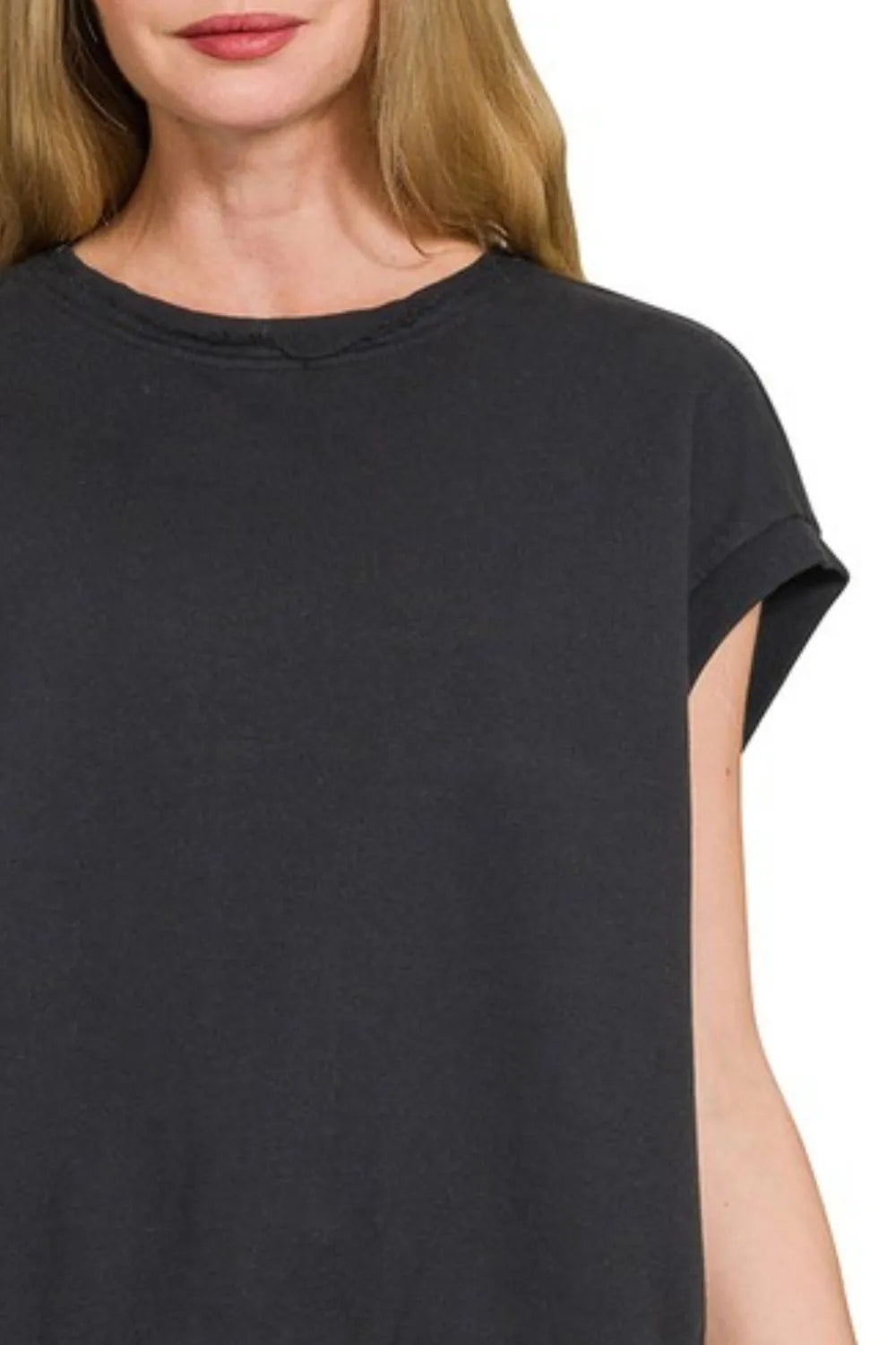 Zenana French Terry Round Neck Cap Sleeve T-Shirt