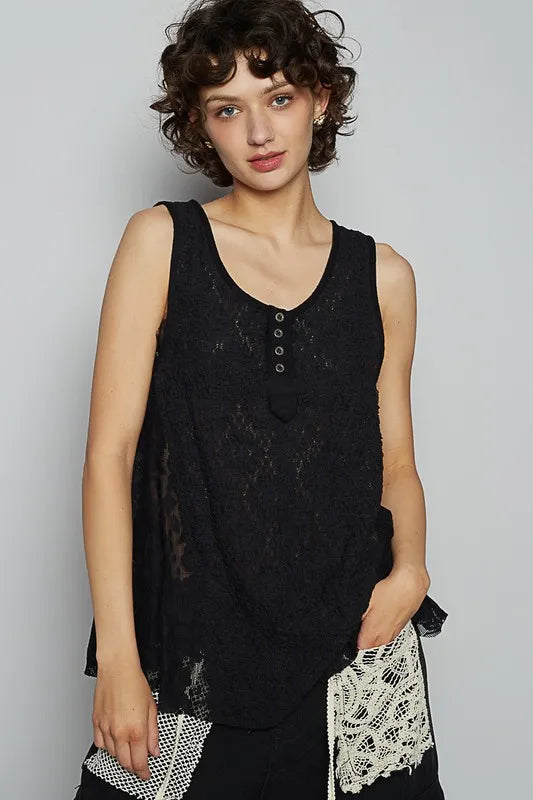 POL Crochet Lace Mix Button Detail Round Neck Tank Black