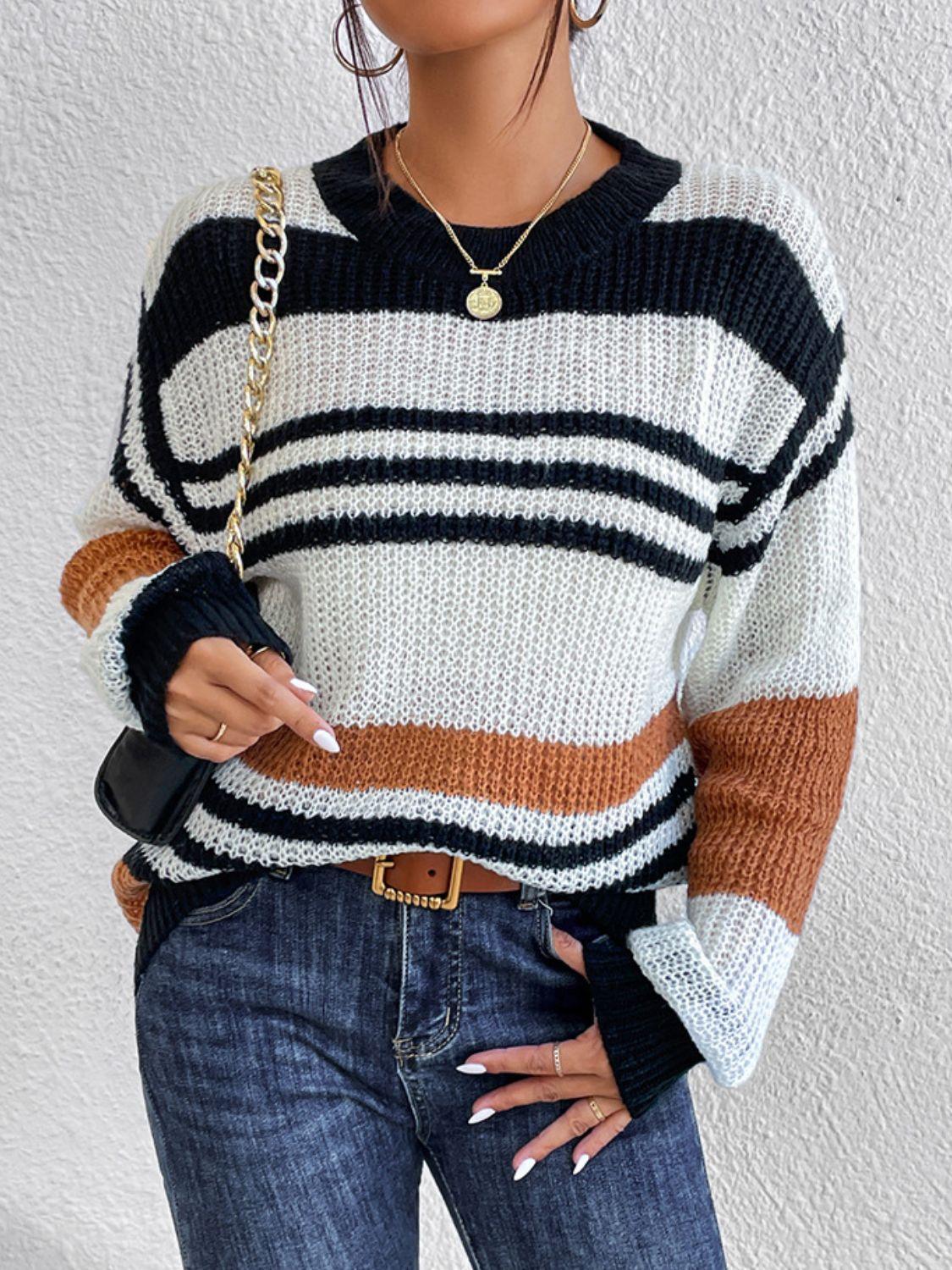 Contrast Striped Round Neck Long Sleeve Sweater Multicolor