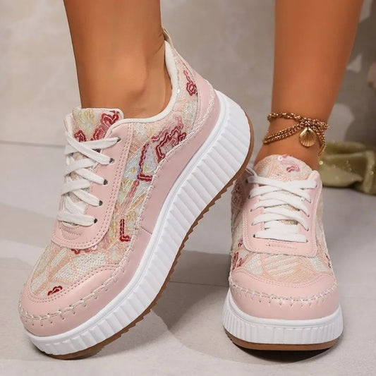 Sequin Round Toe Platform Lace Up Sneakers Pink