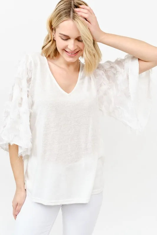 And The Why Feather Detailed 3/4 Sleeve Slub Top OFF WHITE
