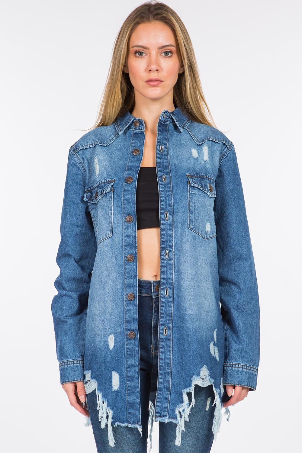 American Bazi Distressed Frayed Hem Denim Jacket Blue
