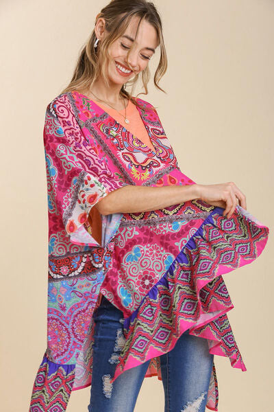 Umgee Full Size Mixed Print Ruffle Hem Open Front Cover Up Plus Size Hot Pink