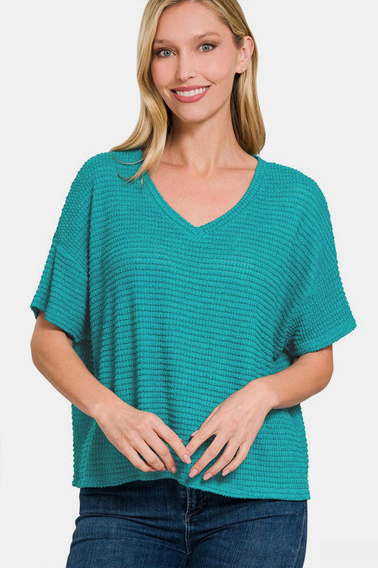 Zenana Drop Shoulder Short Sleeve Jacquard Knit Top Lt Teal