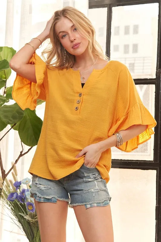 ADORA Ruffle Sleeve Crinkle Top