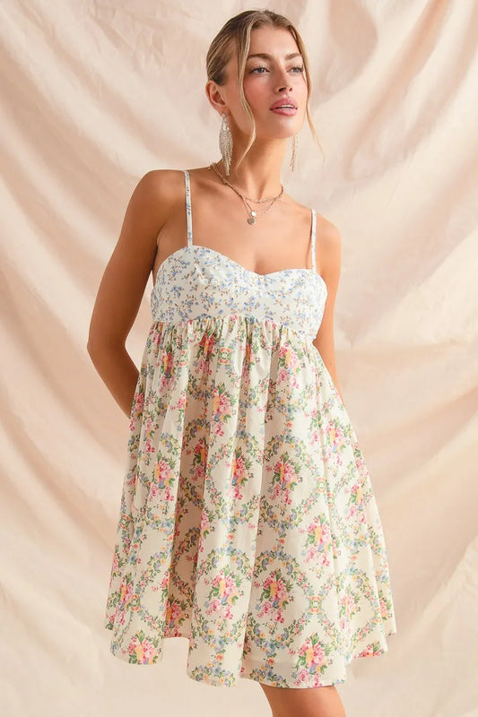 SO ME Mixed Floral Print Sleeveless Mini Dress CREAM COMBO