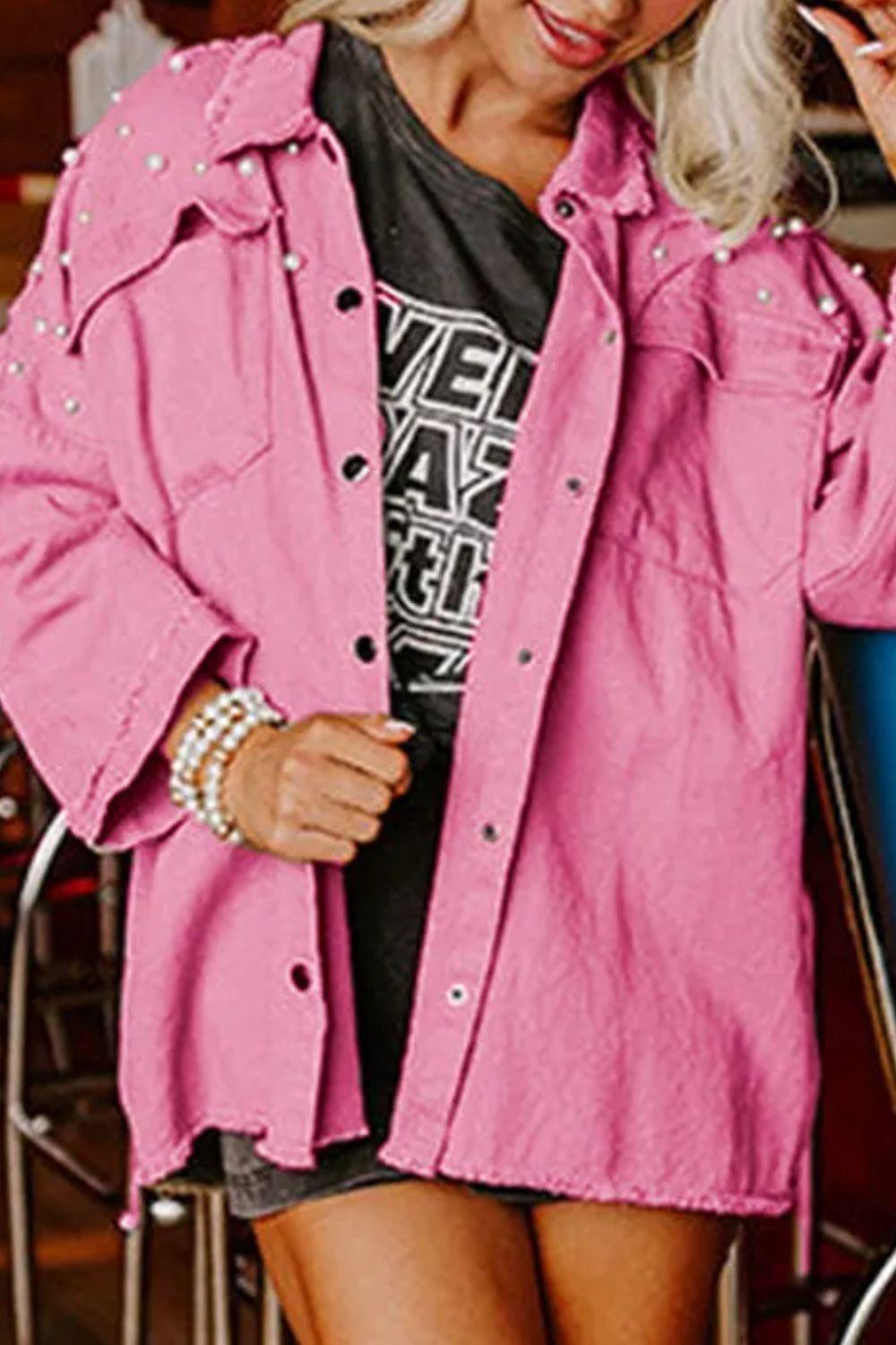 Raw Hem Pearl Trim Dropped Shoulder Denim Jacket Fuchsia Pink
