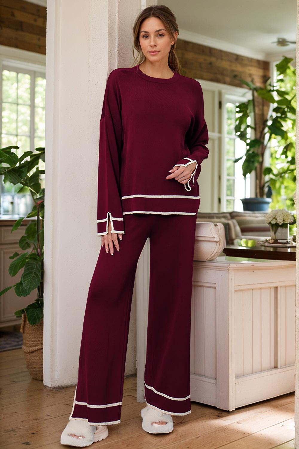 High-Low Round Neck Top and Pants Sweater Set Burgundy One Size