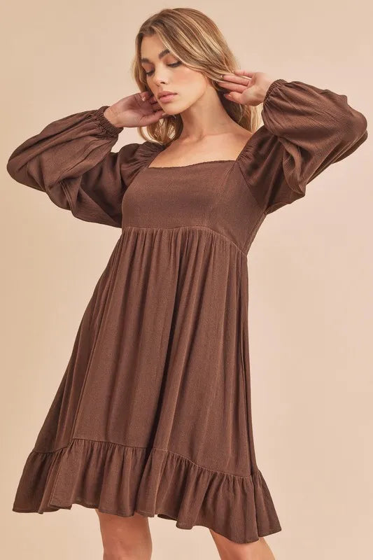 Aemi + Co Ruffled Hem Square Neck Balloon Sleeve Mini Dress Dark Brown