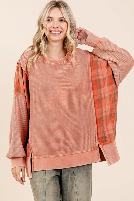 Mittoshop Plaid Panel Mineral Wash French Terry Sweatshirt FADED BRICK