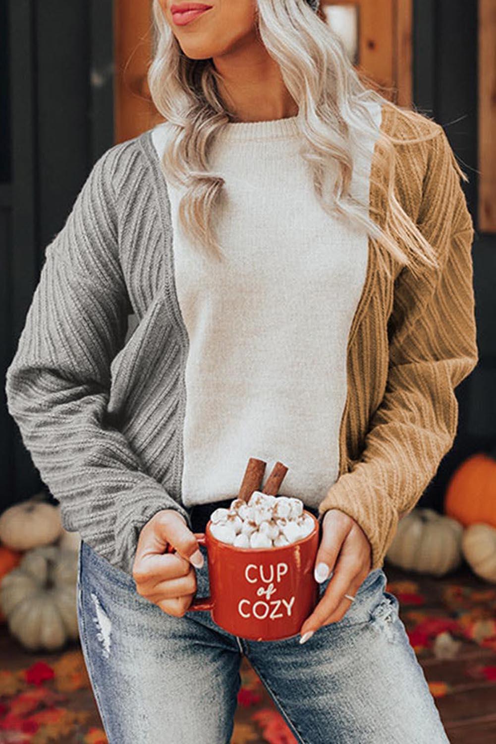 Color Block Textured Drop Shoulder Sweater Gray