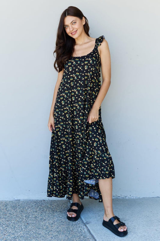 Doublju In The Garden Ruffle Floral Maxi Dress in Black Yellow Floral Floral