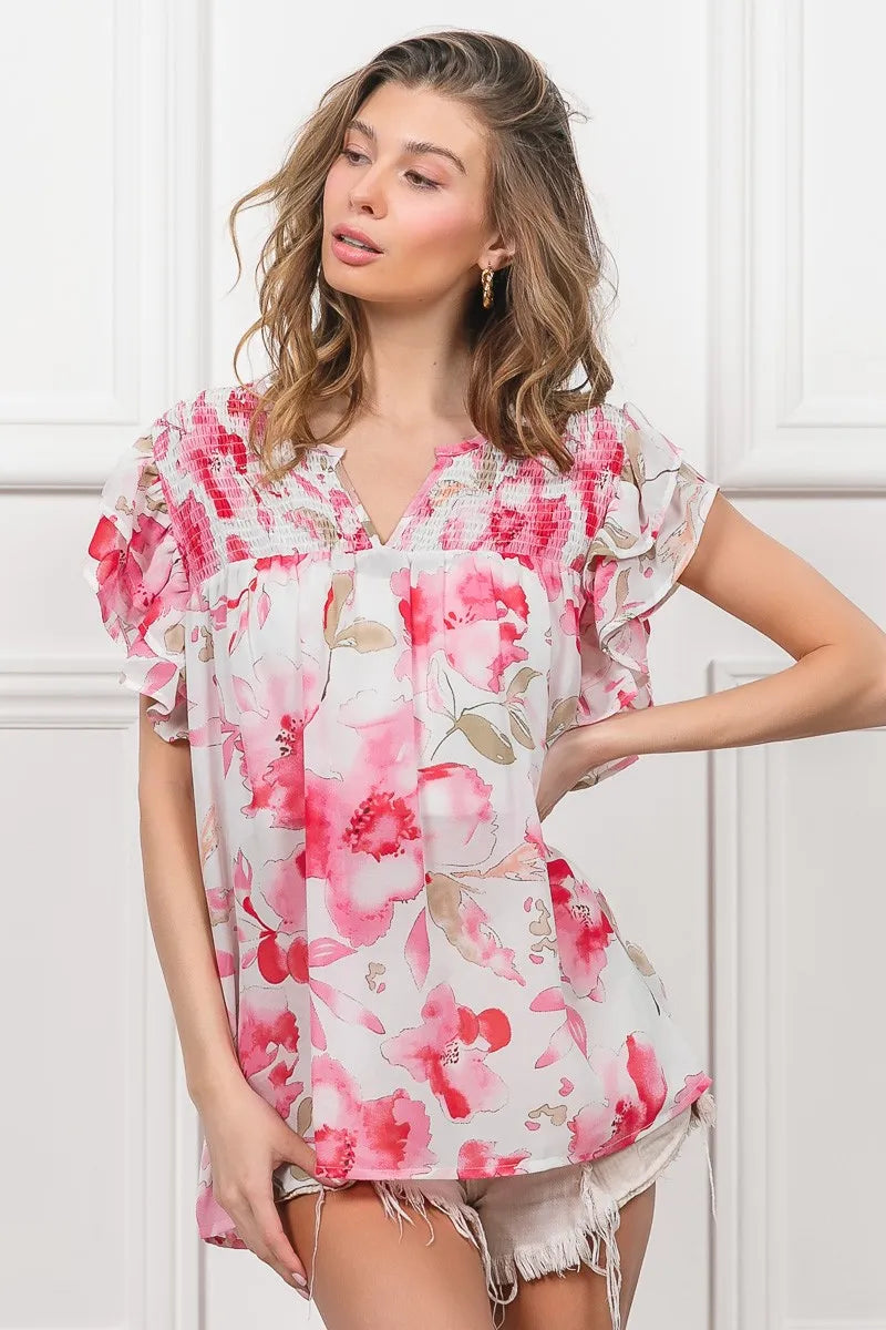 BiBi Floral Print Flutter Sheer Top FUCHSIA WHITE