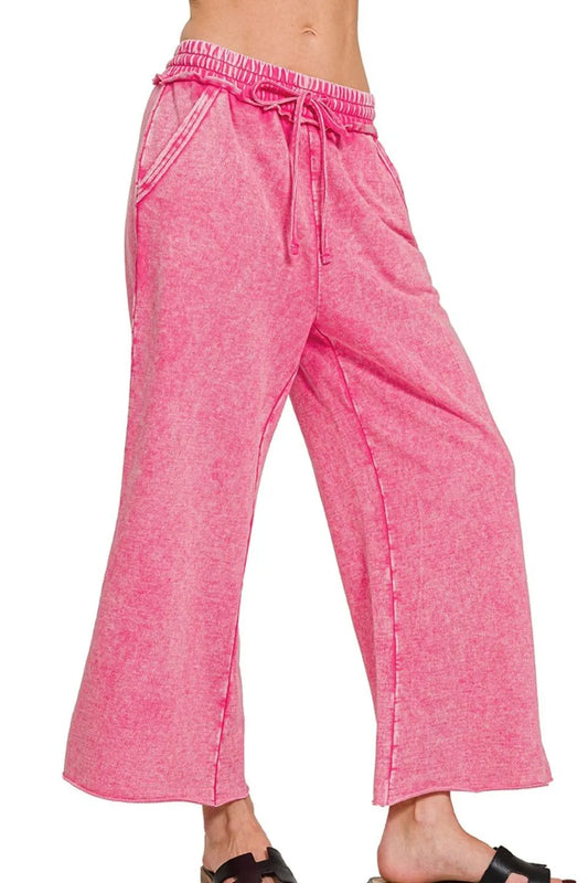 Zenana Washed French Terry Palazzo With Pockets HOT PINK