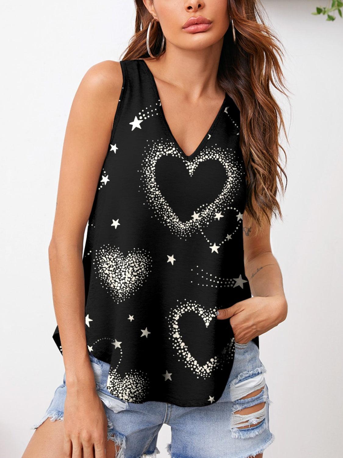 Heart Printed V-Neck Tank Black