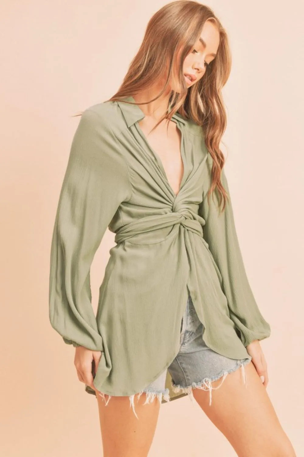 Aemi + Co Tied Collared Neck Long Sleeve Top