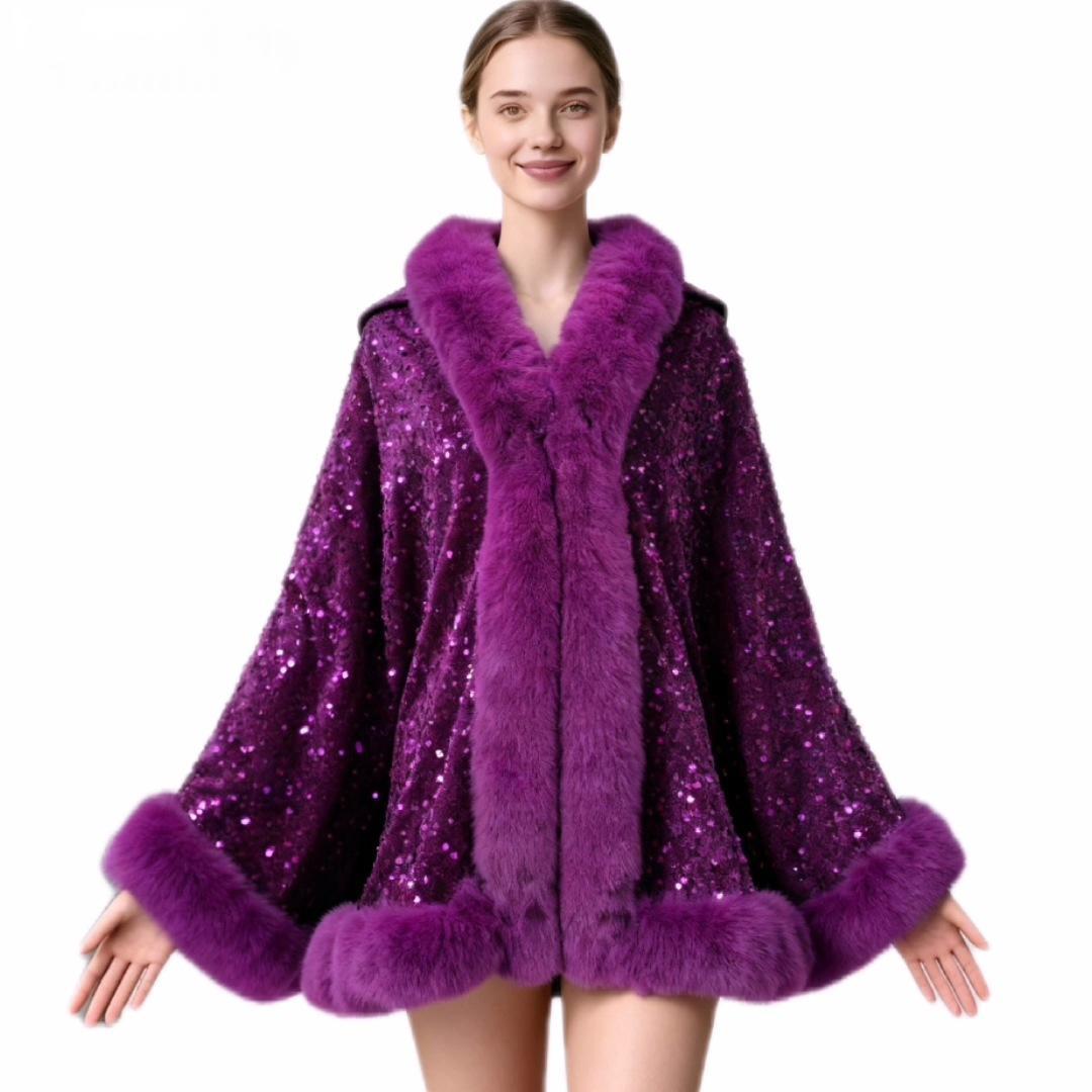 A woman modeling a luxurious purple sequined coat with plush faux fur trim, set against a solid white background.