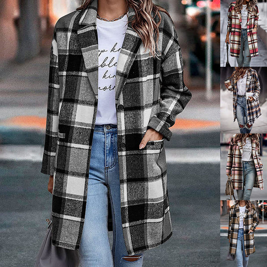 Person wearing a plaid coat with additional images of the coat in use.