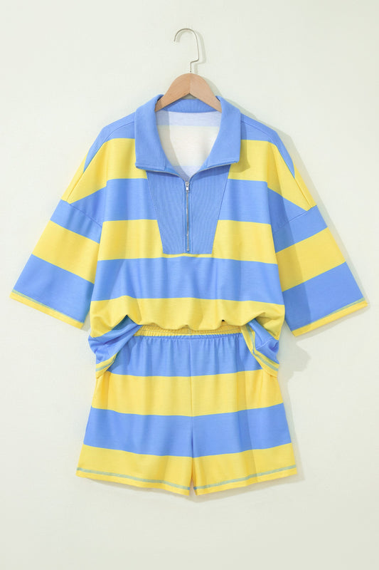 Stripe Half Zip Tee & Elastic Shorts Set