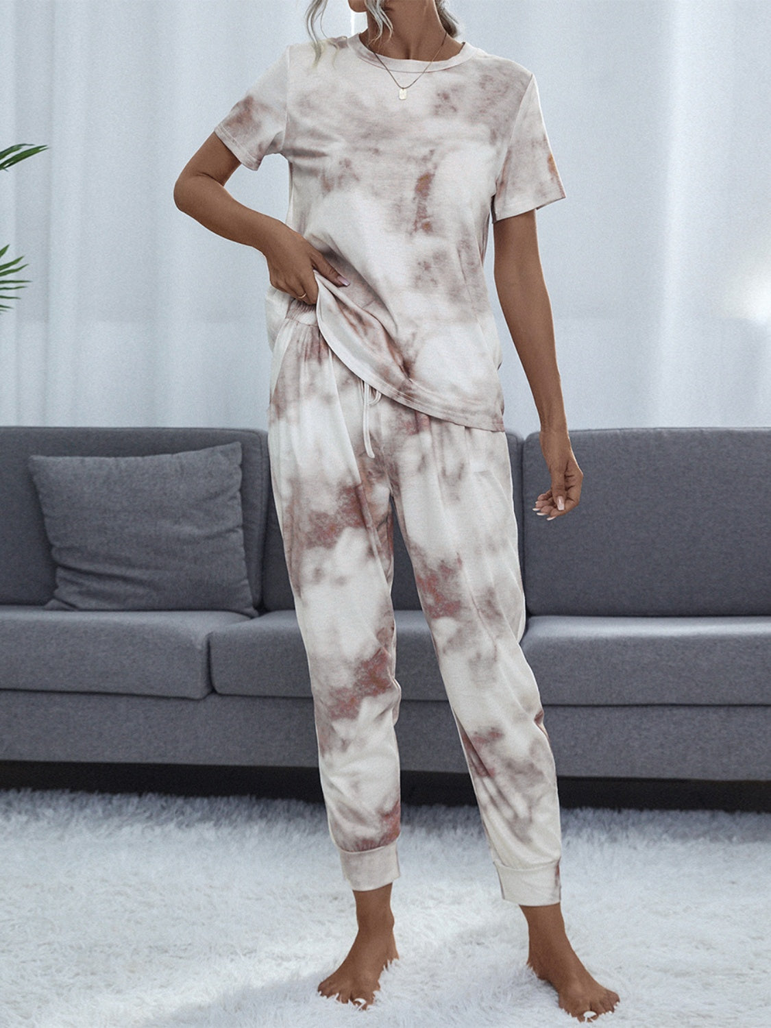 Shiny Tie-Dye Round Neck Short Sleeve Top and Pants Lounge Set Multicolor