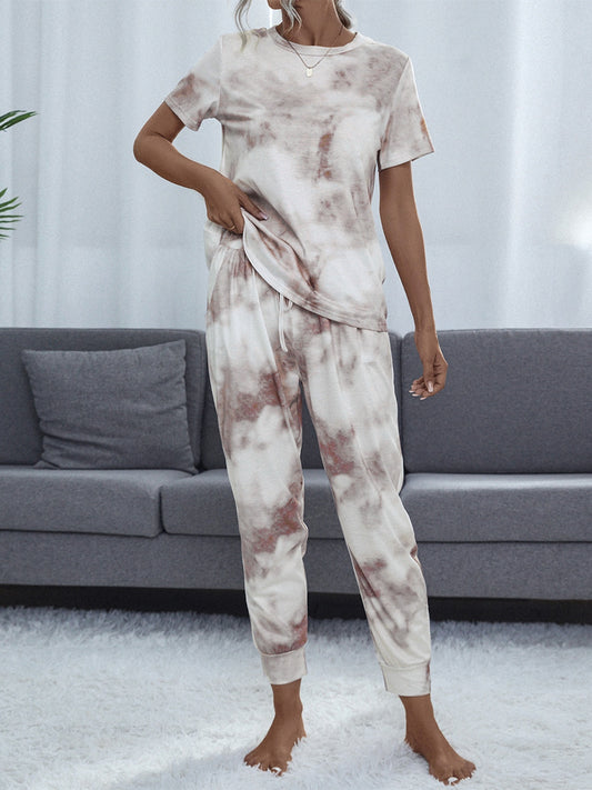 Shiny Tie-Dye Round Neck Short Sleeve Top and Pants Lounge Set Multicolor