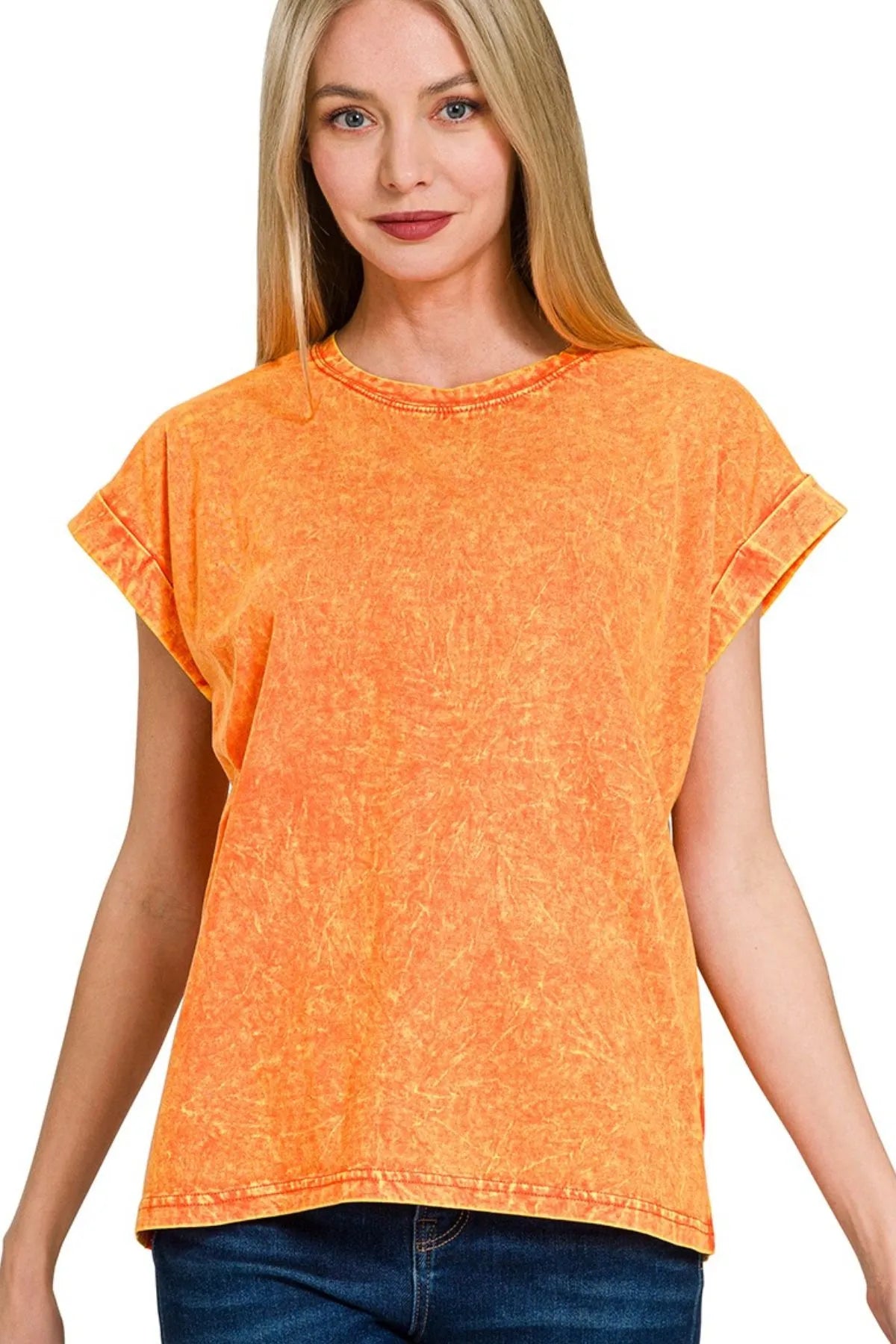 Zenana Crinkle Washed Round Neck Folded Short Sleeve Tee ORANGE