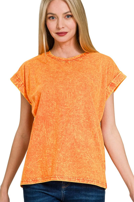 Zenana Crinkle Washed Round Neck Folded Short Sleeve Tee ORANGE