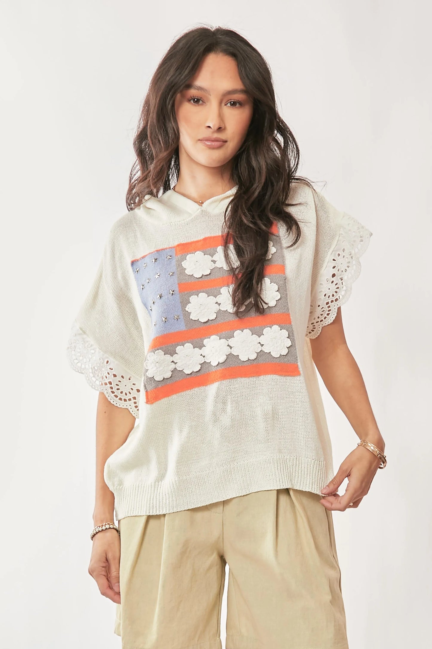 Davi & Dani American Flag Loose Fit Lace Sleeve Hoodie Top IVORY WHITE