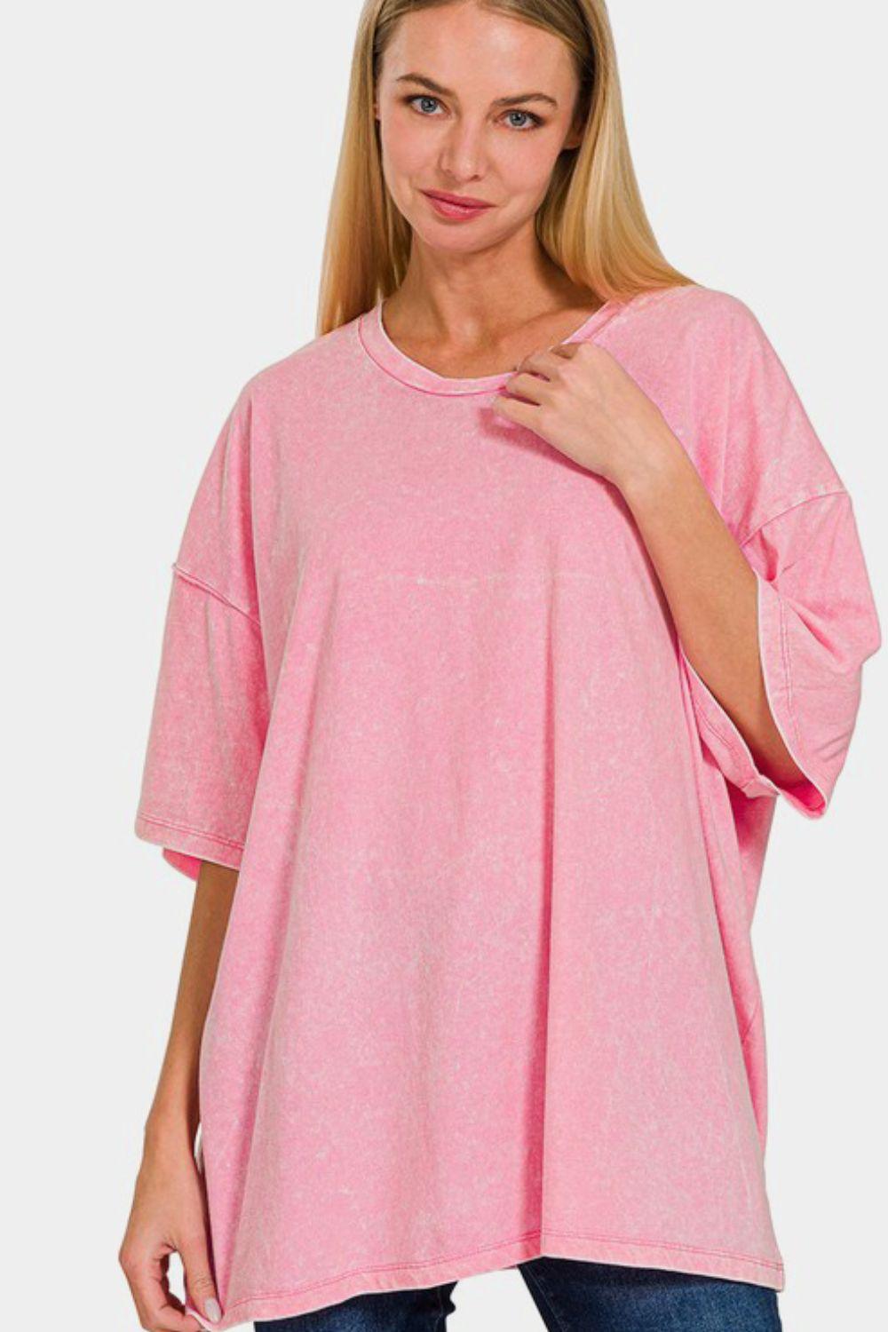 Zenana Full Size Washed Round Neck Drop Shoulder Oversized T-Shirt Pink