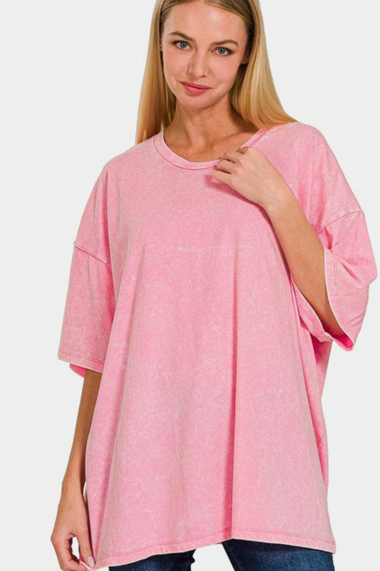 Zenana Full Size Washed Round Neck Drop Shoulder Oversized T-Shirt Pink
