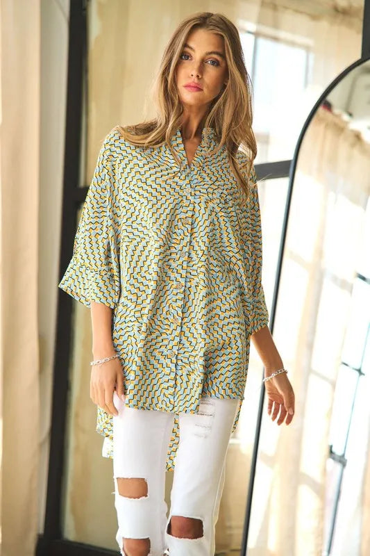 Davi & Dani Geo Printed Relaxed Fit Flowy Button Down Shirt Blue Yellow