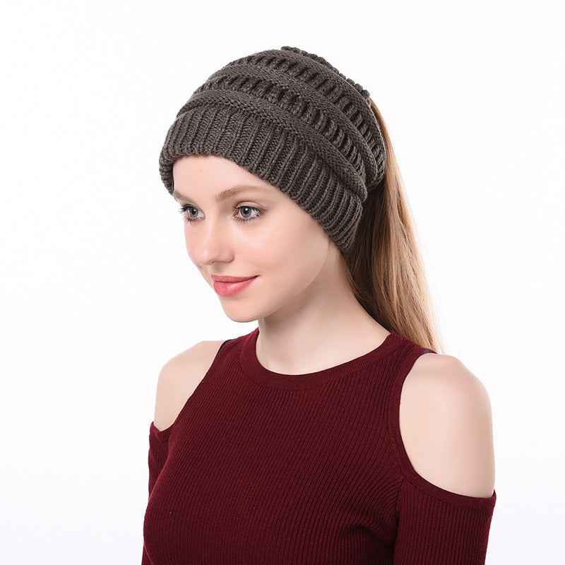 Womens Knitted Ponytail Hat Winter Warm Cap Dark gray Without label
