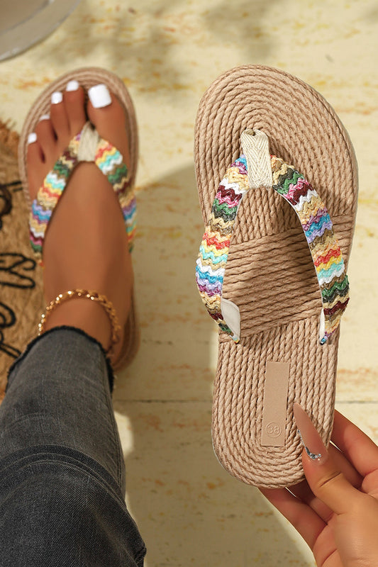 Khaki Bohemian Straw Woven Rainbow Strap Flip Flops