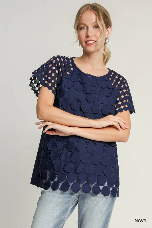 Umgee Full Size Mixed Polka Dot Lace Raglan Sleeve Boxy Cut Top Plus Size Dark Blue
