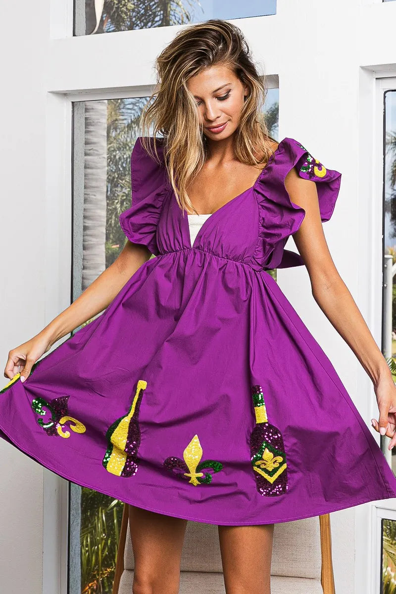 BiBi Mardi Gras Sequin Embroidery Ruffled Dress