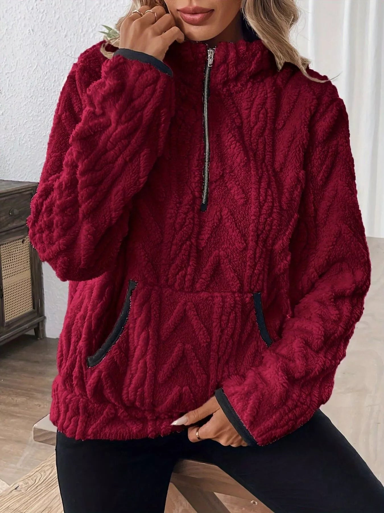 Full Size Half Zip Kangaroo Pocket Sweatshirt Plus Size
