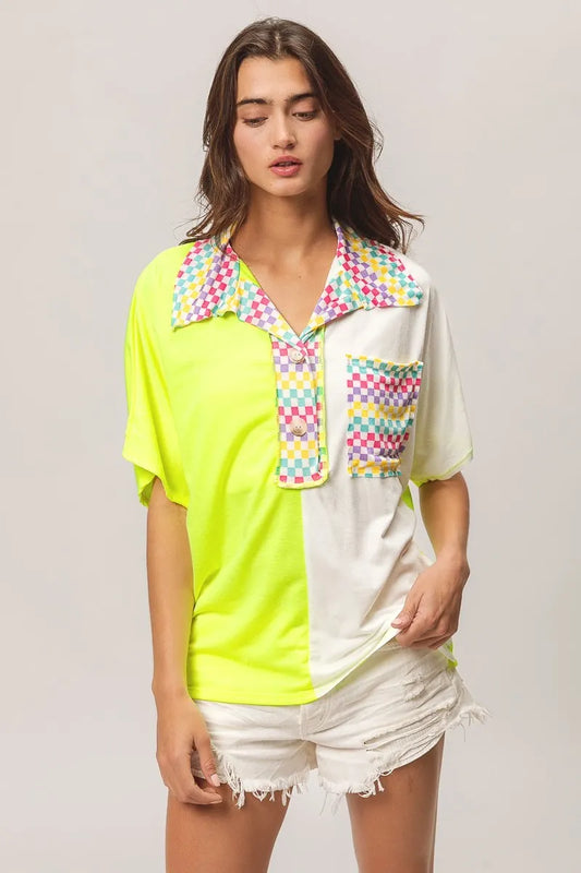 BiBi Color Block Knit with Multi Checker Contrast Top