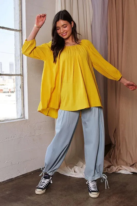 Davi & Dani Crinckled Texture Fabric Round Neck Swing Top Yellow