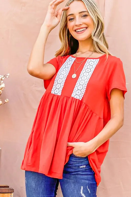 And The Why Lace Detail Short Sleeve Casual Top