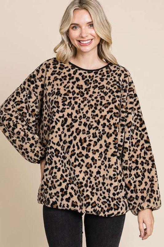 Culture Code Leopard Faux Fur Round Neck Top Brown